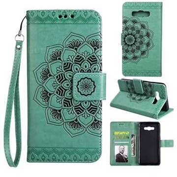 Embossing Half Mandala Flower Leather Wallet Case for Samsung Galaxy J7 2016 J710 - Mint Green