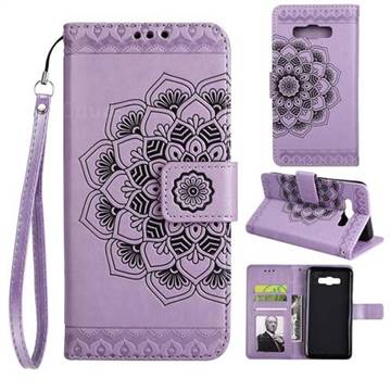 Embossing Half Mandala Flower Leather Wallet Case for Samsung Galaxy J7 2016 J710 - Purple