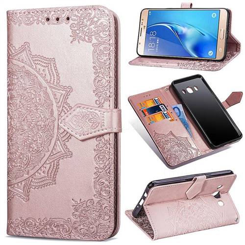 Embossing Imprint Mandala Flower Leather Wallet Case for Samsung Galaxy J7 2016 J710 - Rose Gold