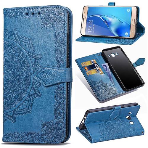 Embossing Imprint Mandala Flower Leather Wallet Case for Samsung Galaxy J7 2016 J710 - Blue