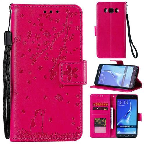 Embossing Cherry Blossom Cat Leather Wallet Case for Samsung Galaxy J7 2016 J710 - Rose