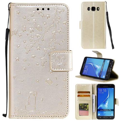 Embossing Cherry Blossom Cat Leather Wallet Case for Samsung Galaxy J7 2016 J710 - Golden