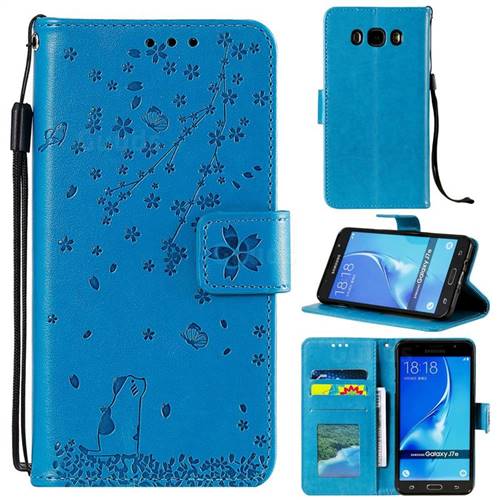 Embossing Cherry Blossom Cat Leather Wallet Case for Samsung Galaxy J7 2016 J710 - Blue