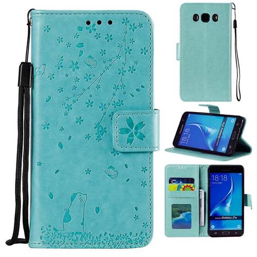 Embossing Cherry Blossom Cat Leather Wallet Case for Samsung Galaxy J7 2016 J710 - Green