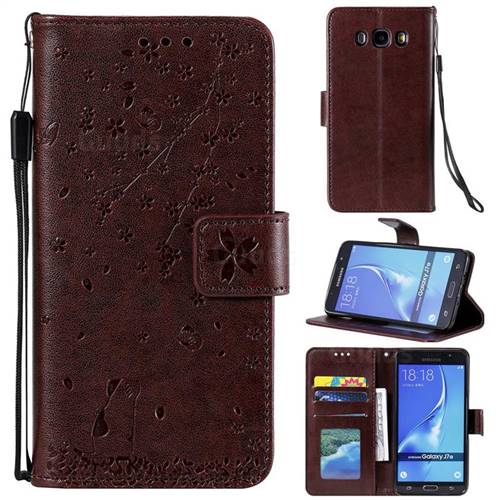 Embossing Cherry Blossom Cat Leather Wallet Case for Samsung Galaxy J7 2016 J710 - Brown