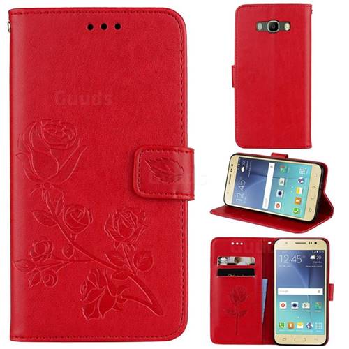 Embossing Rose Flower Leather Wallet Case for Samsung Galaxy J7 2016 J710 - Red