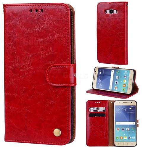 Luxury Retro Oil Wax PU Leather Wallet Phone Case for Samsung Galaxy J7 2016 J710 - Brown Red