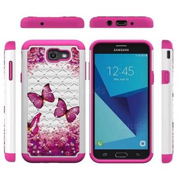 Rose Butterfly Studded Rhinestone Bling Diamond Shock Absorbing Hybrid Defender Rugged Phone Case Cover for Samsung Galaxy J7 2017 Halo US Edition