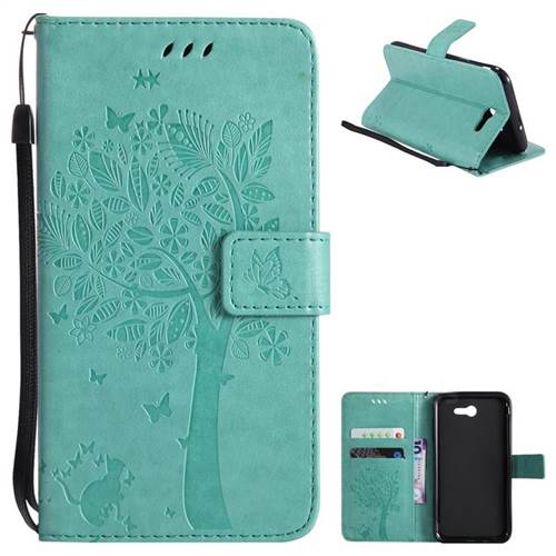 Embossing Butterfly Tree Leather Wallet Case for Samsung Galaxy J7 2017 Halo - Cyan