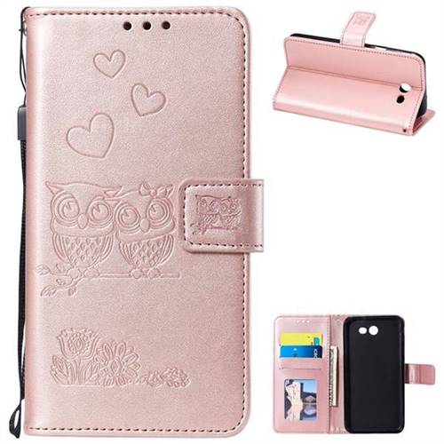 Embossing Owl Couple Flower Leather Wallet Case for Samsung Galaxy J7 2017 Halo US Edition - Rose Gold