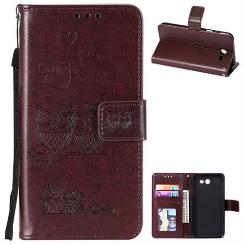Embossing Owl Couple Flower Leather Wallet Case for Samsung Galaxy J7 2017 Halo US Edition - Brown
