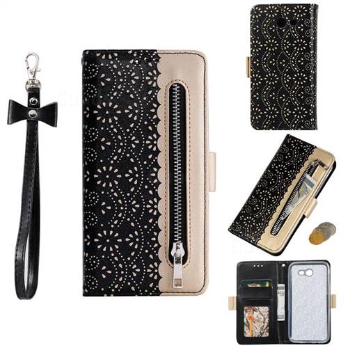 Luxury Lace Zipper Stitching Leather Phone Wallet Case for Samsung Galaxy J7 2017 Halo US Edition - Black