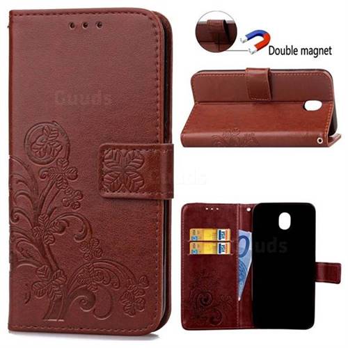 Embossing Imprint Four-Leaf Clover Leather Wallet Case for Samsung Galaxy J7 2017 J730 - Brown