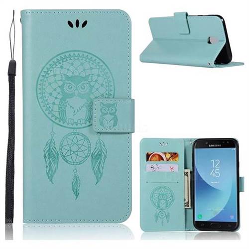 Intricate Embossing Owl Campanula Leather Wallet Case for Samsung Galaxy J7 2017 J730 Eurasian - Green