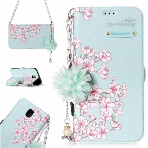 Cherry Blossoms Endeavour Florid Pearl Flower Pendant Metal Strap PU Leather Wallet Case for Samsung Galaxy J7 2017 J730 Eurasian