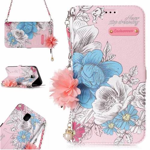 Pink Blue Rose Endeavour Florid Pearl Flower Pendant Metal Strap PU Leather Wallet Case for Samsung Galaxy J7 2017 J730 Eurasian