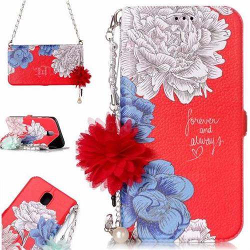 Red Chrysanthemum Endeavour Florid Pearl Flower Pendant Metal Strap PU Leather Wallet Case for Samsung Galaxy J7 2017 J730 Eurasian
