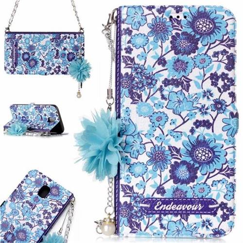 Blue-and-White Endeavour Florid Pearl Flower Pendant Metal Strap PU Leather Wallet Case for Samsung Galaxy J7 2017 J730 Eurasian
