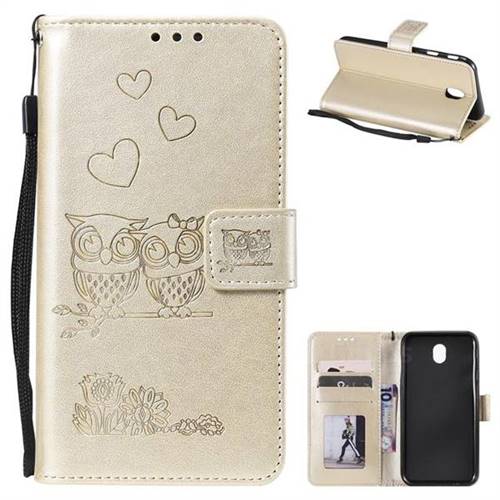 Embossing Owl Couple Flower Leather Wallet Case for Samsung Galaxy J7 2017 J730 Eurasian - Golden