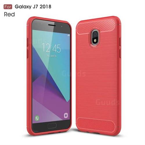 Luxury Carbon Fiber Brushed Wire Drawing Silicone TPU Back Cover for Samsung Galaxy J7 (2018) - Red