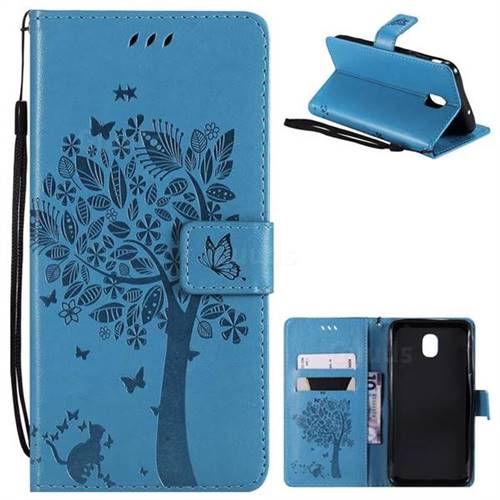 Embossing Butterfly Tree Leather Wallet Case for Samsung Galaxy J7 (2018) - Blue