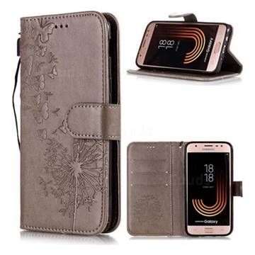 Intricate Embossing Dandelion Butterfly Leather Wallet Case for Samsung Galaxy J7 (2018) - Gray