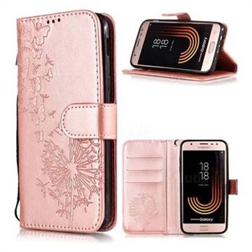 Intricate Embossing Dandelion Butterfly Leather Wallet Case for Samsung Galaxy J7 (2018) - Rose Gold