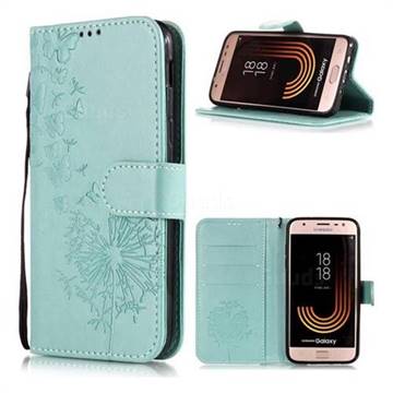 Intricate Embossing Dandelion Butterfly Leather Wallet Case for Samsung Galaxy J7 (2018) - Green
