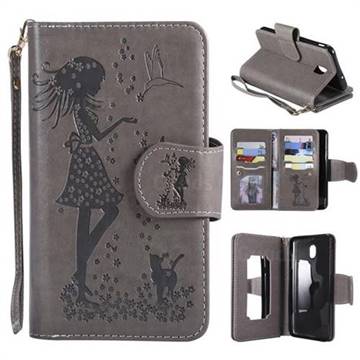Embossing Cat Girl 9 Card Leather Wallet Case for Samsung Galaxy J7 (2018) - Gray