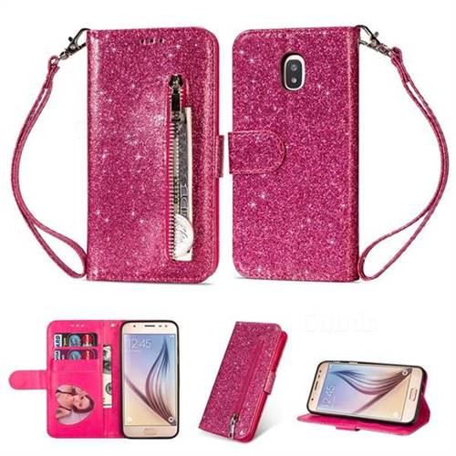 nul roestvrij draad Glitter Shine Leather Zipper Wallet Phone Case for Samsung Galaxy J7 (2018)  - Rose - Leather Case - Guuds