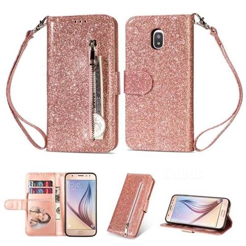 Glitter Shine Leather Zipper Wallet Phone Case for Samsung Galaxy J7 (2018) - Pink