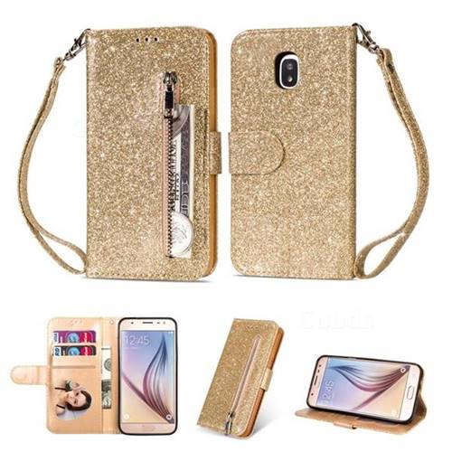 Glitter Shine Leather Zipper Wallet Phone Case for Samsung Galaxy J7 (2018) - Gold