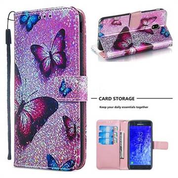 Blue Butterfly Sequins Painted Leather Wallet Case for Samsung Galaxy J7 (2018)