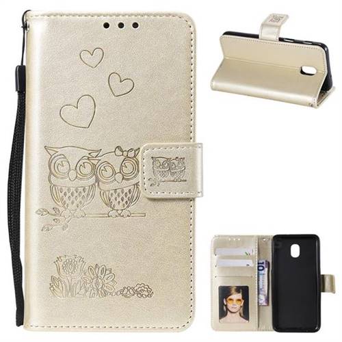 Embossing Owl Couple Flower Leather Wallet Case for Samsung Galaxy J7 (2018) - Golden
