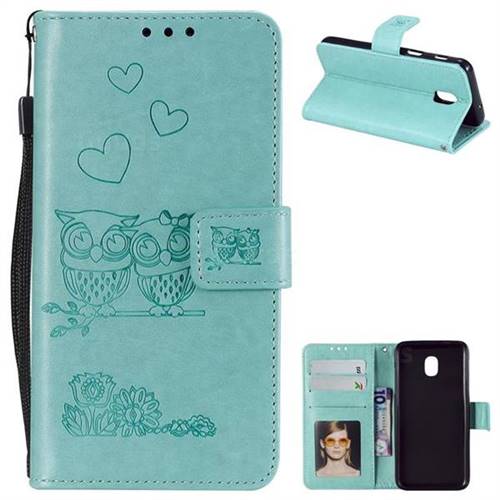 Embossing Owl Couple Flower Leather Wallet Case for Samsung Galaxy J7 (2018) - Green