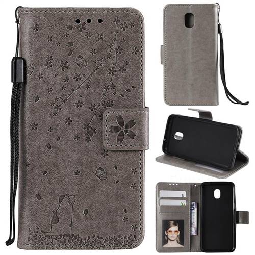 Embossing Cherry Blossom Cat Leather Wallet Case for Samsung Galaxy J7 (2018) - Gray
