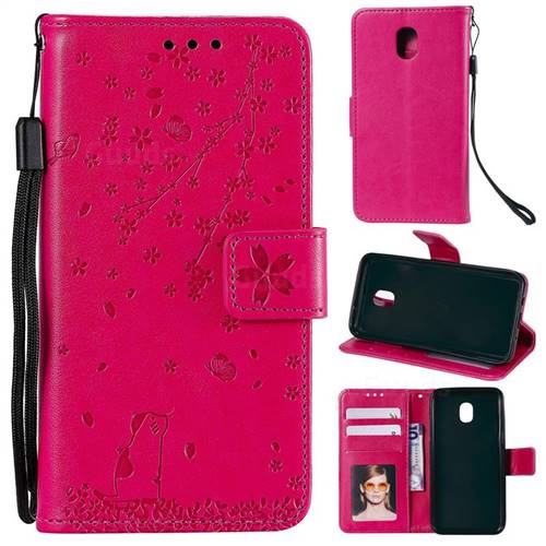 Embossing Cherry Blossom Cat Leather Wallet Case for Samsung Galaxy J7 (2018) - Rose