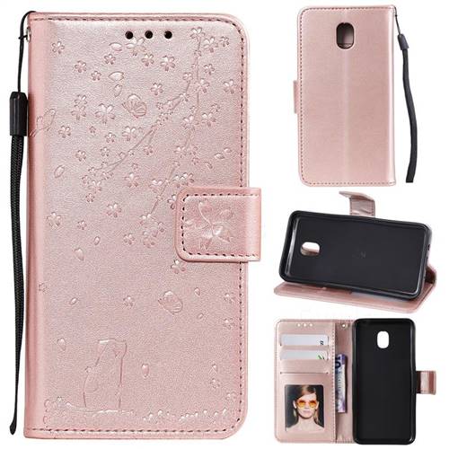 Embossing Cherry Blossom Cat Leather Wallet Case for Samsung Galaxy J7 (2018) - Rose Gold