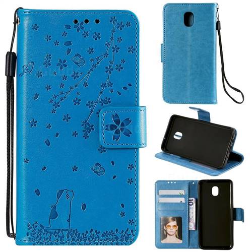 Embossing Cherry Blossom Cat Leather Wallet Case for Samsung Galaxy J7 (2018) - Blue