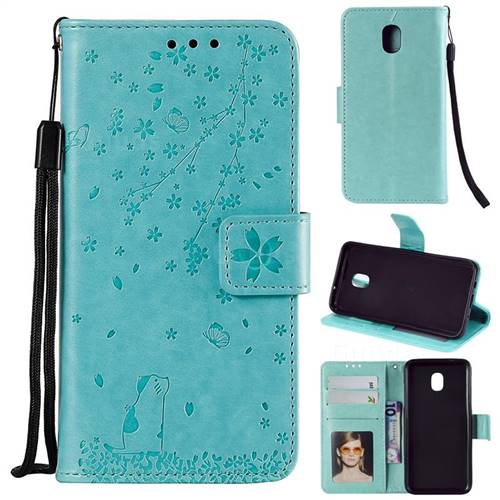 Embossing Cherry Blossom Cat Leather Wallet Case for Samsung Galaxy J7 (2018) - Green