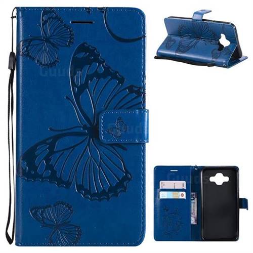 Embossing 3D Butterfly Leather Wallet Case for Samsung Galaxy J7 Duo - Blue