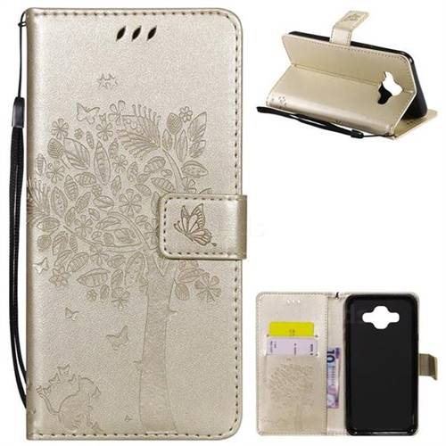 Embossing Butterfly Tree Leather Wallet Case for Samsung Galaxy J7 Duo - Champagne