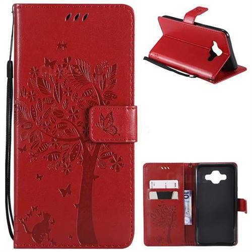 Embossing Butterfly Tree Leather Wallet Case for Samsung Galaxy J7 Duo - Red