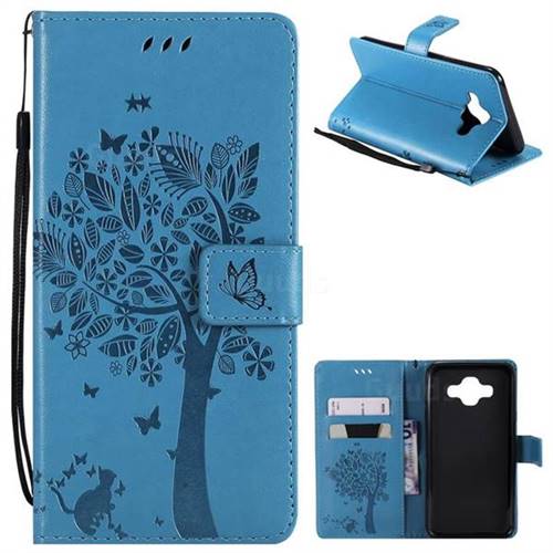 Embossing Butterfly Tree Leather Wallet Case for Samsung Galaxy J7 Duo - Blue