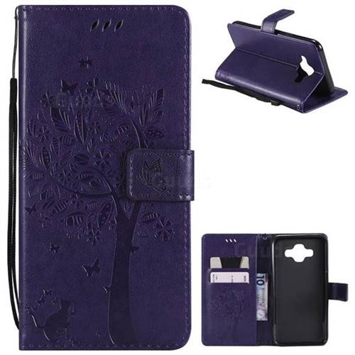 Embossing Butterfly Tree Leather Wallet Case for Samsung Galaxy J7 Duo - Purple