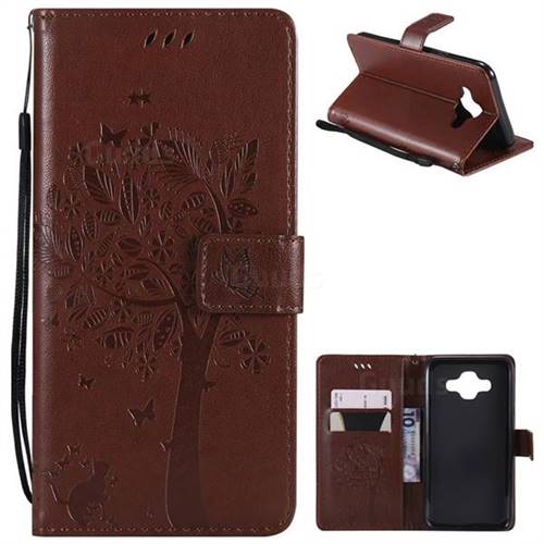 Embossing Butterfly Tree Leather Wallet Case for Samsung Galaxy J7 Duo - Brown