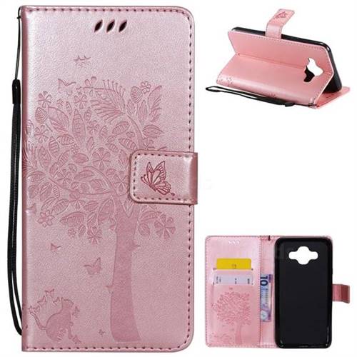 Embossing Butterfly Tree Leather Wallet Case for Samsung Galaxy J7 Duo - Rose Pink