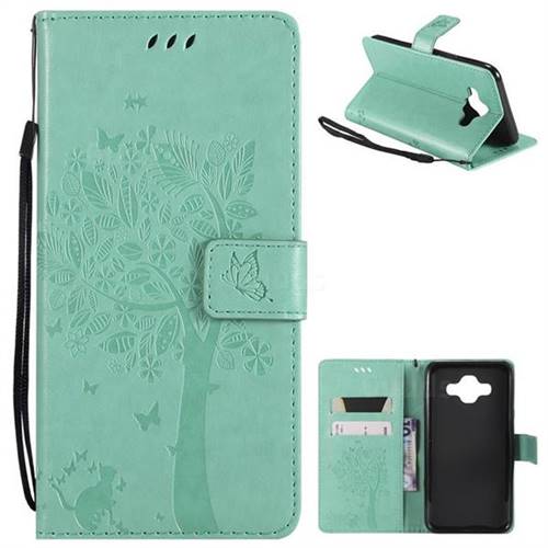 Embossing Butterfly Tree Leather Wallet Case for Samsung Galaxy J7 Duo - Cyan