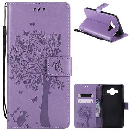 Embossing Butterfly Tree Leather Wallet Case for Samsung Galaxy J7 Duo - Violet
