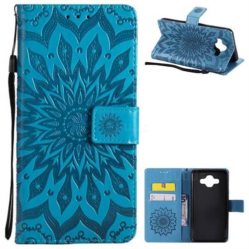 Embossing Sunflower Leather Wallet Case for Samsung Galaxy J7 Duo - Blue